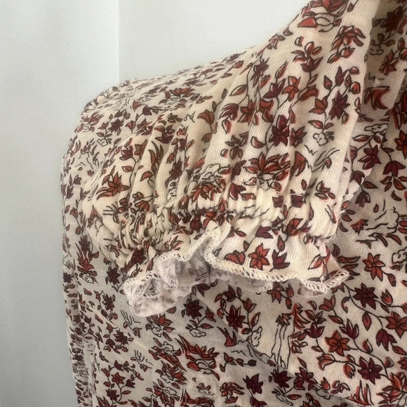 Lucky Brand Sz M Modest High Neck Smocked Frint Fall leaves long sleeve blouse - Picture 10 of 15